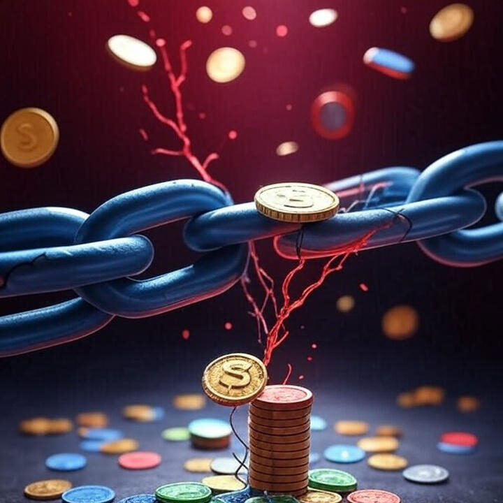 Cracked blockchain chain leaking coins, representing the $223 million Cetus Protocol smart contract breach in 2025.