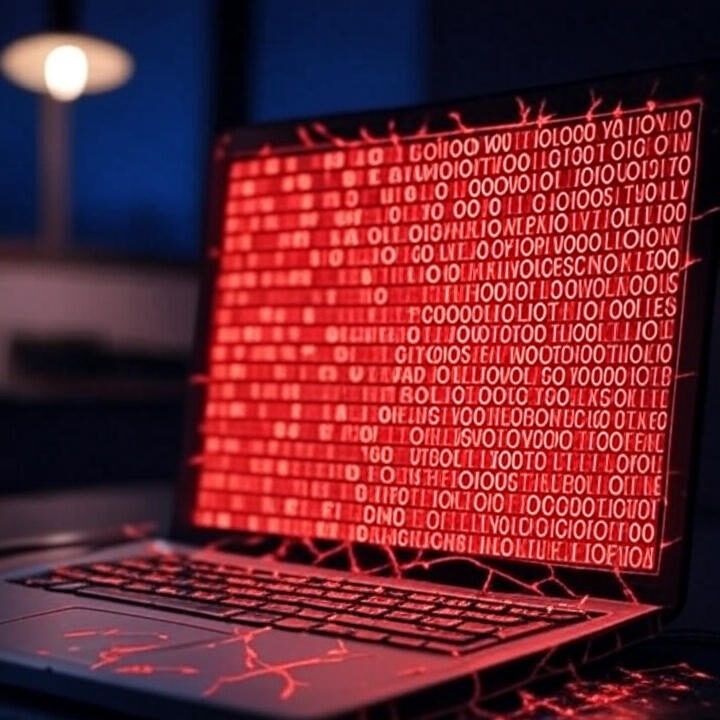 Cracked laptop screen leaking binary code, representing the 16 billion credential leak from infostealer malware in 2025.