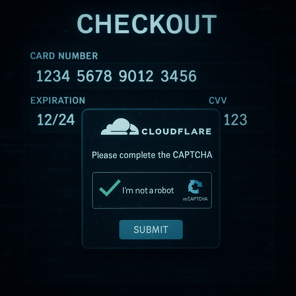 Fake Cloudflare CAPTCHA on checkout page, depicting WordPress malware stealing data in 2025.